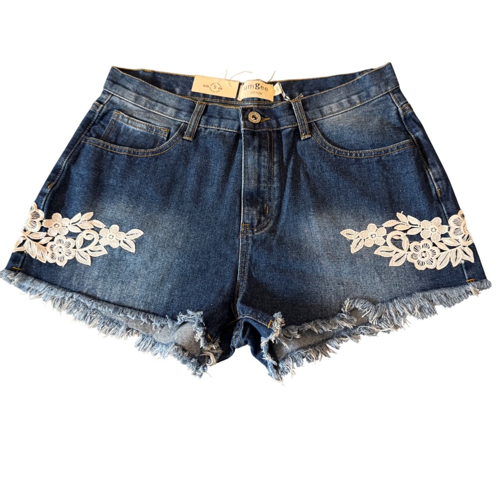 Umgee Womens Denim Shorts Size 5 Blue Lace Floral Applique Frayed Hem Boho